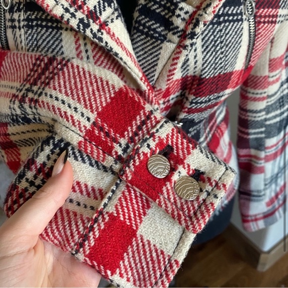 Express Wool Blend Red Plaid Belted Biker Jacket - Picture 5 of 10